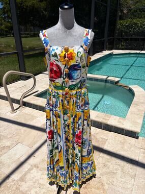 Dolce & Gabbana Carretto Siciliano Print Button Front Poplin Midi Dress